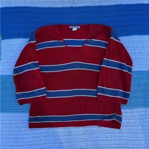 Vintage 1980s Diane von Furstenberg red blue stripe cotton knit v neck shirt